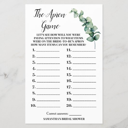 Eucalyptus The Schort Vrijgezellenfeest Game Kaart (Voorkant)