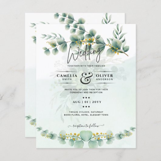 Eucalyptus Trouw Uitnodiging Modern Groen Goud (Voorkant / Achterkant)
