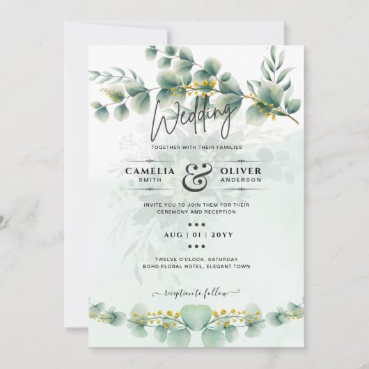 Eucalyptus Trouw Uitnodiging Modern Groenery Goud (Voorkant)