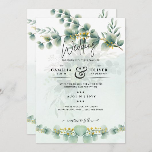 Eucalyptus Trouw Uitnodiging Modern Groenery Goud (Voorkant / Achterkant)