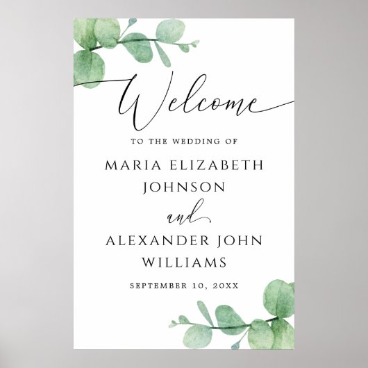 Eucalyptus Trouw Welkom Bord | Elegante Script Poster (Voorkant)