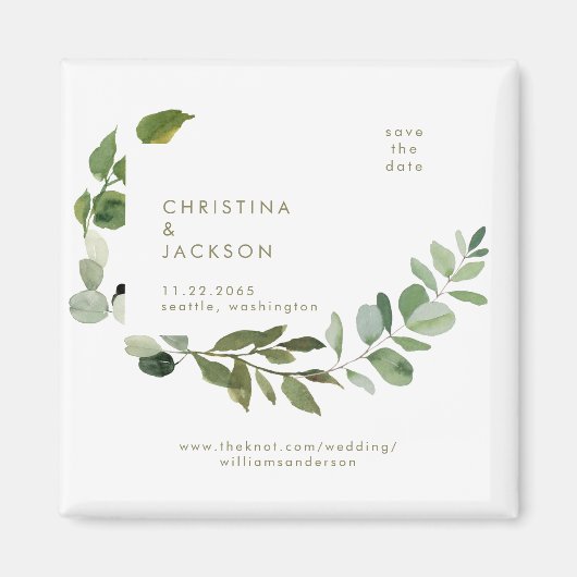 Eucalyptus Trouwvierkant Save the Date Gold Tekst Magneet (Voorkant)