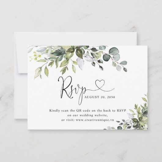 Eucalyptus Trouwwebsite QR Code RSVP Kaart (Voorkant)
