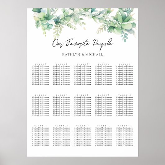 Eucalyptus Tuin Bruiloft 15 Tafel Zitkaarten Poster (Voorkant)