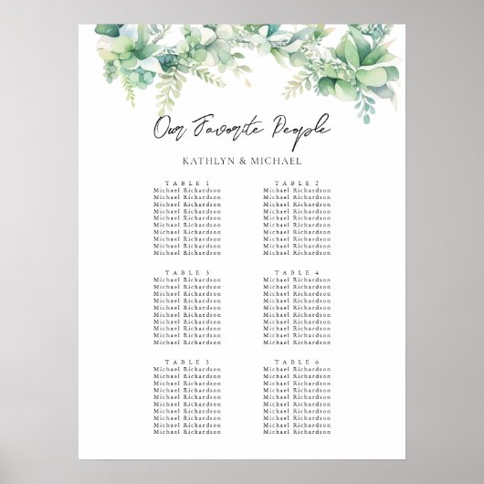 Eucalyptus Tuin Bruiloft 6 Tafel Zitkaarten Poster (Voorkant)