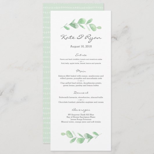 Eucalyptus tuin bruiloft Menu Kaart (Voorkant / Achterkant)