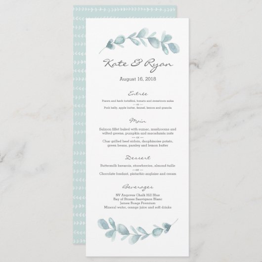 Eucalyptus tuin bruiloft Menu Kaart (Voorkant / Achterkant)