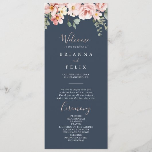 Eucalyptus Tuin Roos Bloem Bruiloftsprogramma Programmakaart (Voorkant)