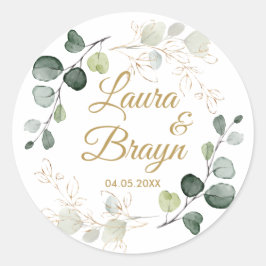 Eucalyptus Twigs Gold Leaves Wedding Ronde Sticker