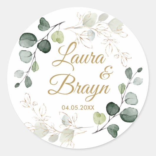 Eucalyptus Twigs Gold Leaves Wedding Ronde Sticker (Voorkant)