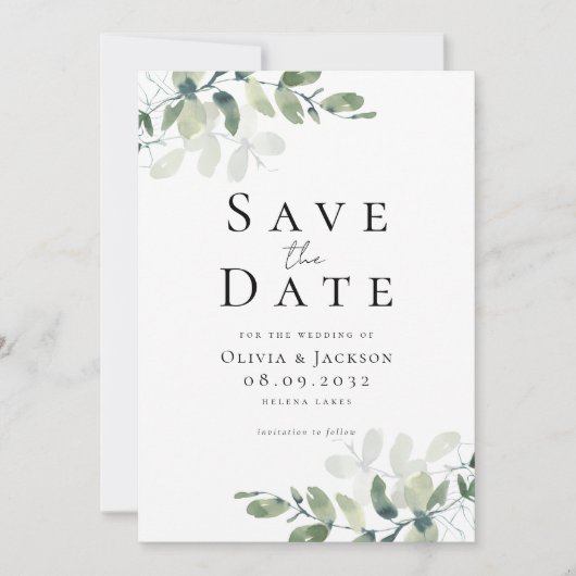 Eucalyptus typografie bruiloft save the date (Voorkant)