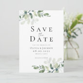 Eucalyptus typografie bruiloft save the date (Staand voorkant)