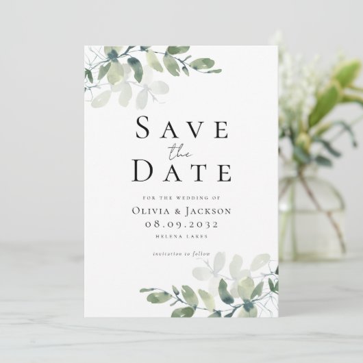 Eucalyptus typografie bruiloft save the date (Staand voorkant)