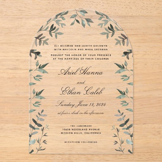 Eucalyptus Varens Boog Bruiloft Acryl Uitnodigingen (Voorkant)