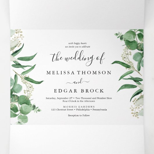 Eucalyptus vegetatie | Green Leaf bruiloft Drieluik Uitnodiging (Binnenkant midden)