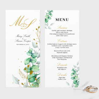 Eucalyptus verguld monogram bruiloft menu