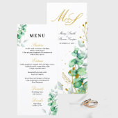 Eucalyptus verguld monogram bruiloft menu