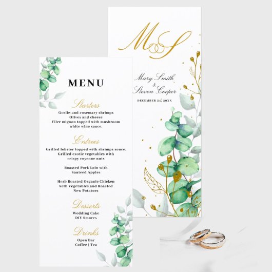 Eucalyptus verguld monogram bruiloft menu