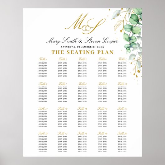 Eucalyptus verguld monogram bruiloft zitplaatsen k poster (Voorkant)