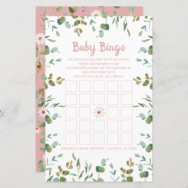 Eucalyptus verlaat Baby shower Baby Bingo (Voorkant / Achterkant)