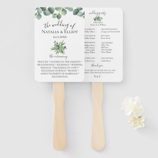 Eucalyptus verlaat bruiloft programma handwaaier (Voorkant en achterkant)