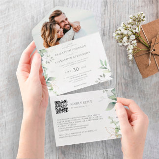 Eucalyptus verlaat elegante foto QR code bruiloft All In One Uitnodiging