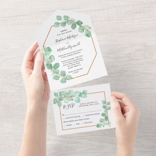 Eucalyptus verlaat Geometrische Waterverf bruiloft All In One Uitnodiging (Afscheurbaar)