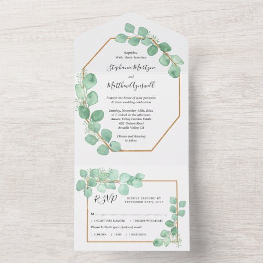 Eucalyptus verlaat Geometrische Waterverf bruiloft All In One Uitnodiging (Binnen)