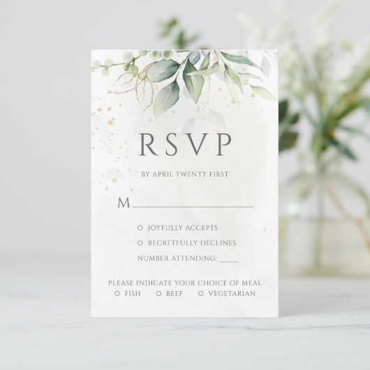 Eucalyptus verlaat gouden maaltijdopties Bindje RSVP Kaartje (Staand voorkant)