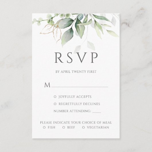Eucalyptus verlaat gouden maaltijdopties Bindje RSVP Kaartje (Voorkant)