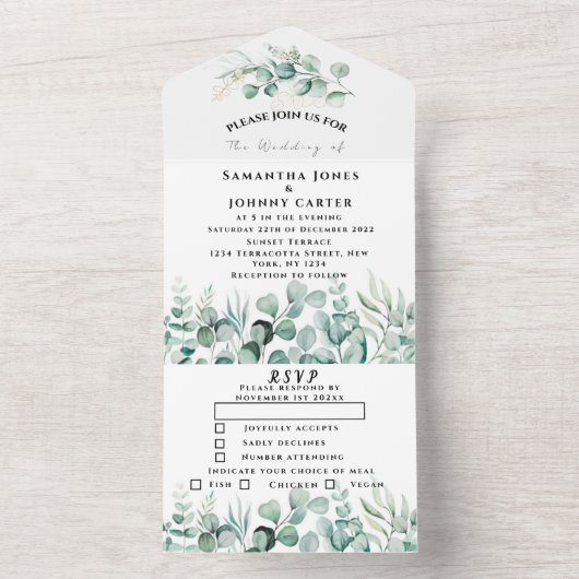 Eucalyptus verlaat Greenery Rustic RSVP Wedding All In One Uitnodiging (Binnen)