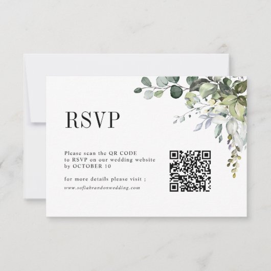 Eucalyptus verlaat groen rustieke bruiloft QR-code RSVP Kaartje (Voorkant)