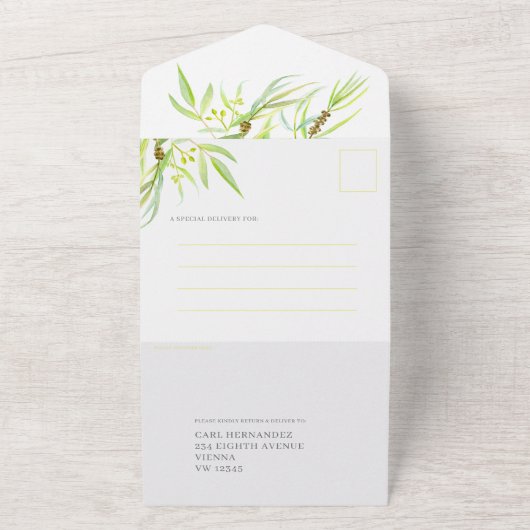 Eucalyptus verlaat waterverf-art-repetitief diner all in one uitnodiging (Buitenkant)