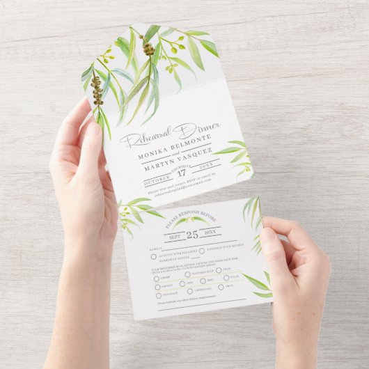 Eucalyptus verlaat waterverf-art-repetitief diner all in one uitnodiging (Afscheurbaar)