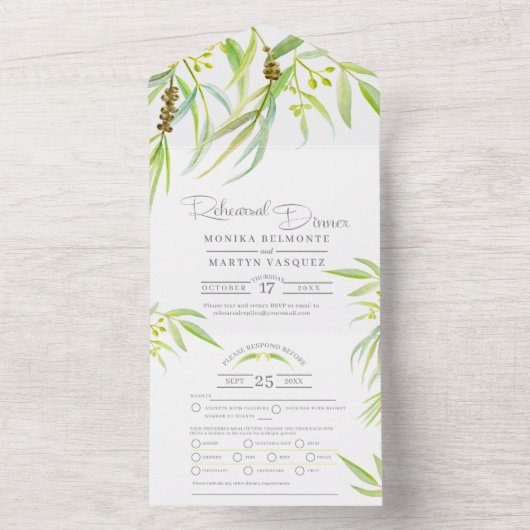 Eucalyptus verlaat waterverf-art-repetitief diner all in one uitnodiging (Binnen)