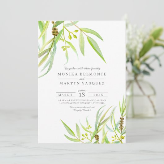 Eucalyptus verlaat waterverf bruiloft kaart (Staand voorkant)