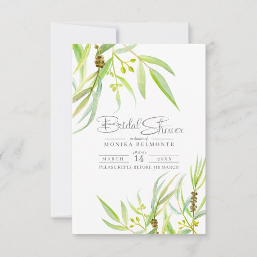 Eucalyptus verlaat waterverf groen vrijgezellenfee RSVP kaartje (Voorkant)