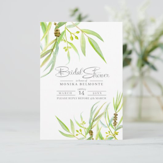 Eucalyptus verlaat waterverf groen vrijgezellenfee RSVP kaartje (Staand voorkant)