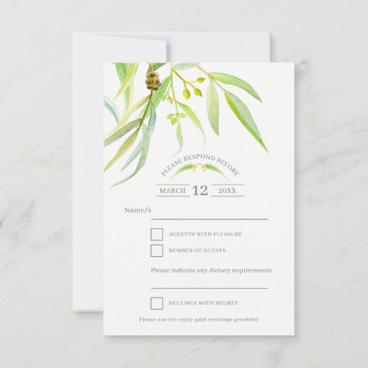 Eucalyptus verlaat waterverf groen vrijgezellenfee RSVP kaartje (Achterkant)