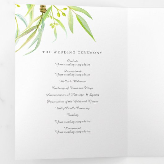 Eucalyptus verlaat waterverf groene foto bruiloft drieluik programma (Binnenzijde eerst)
