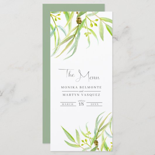 Eucalyptus verlaat waterverf trouwmenu menu (Voorkant / Achterkant)