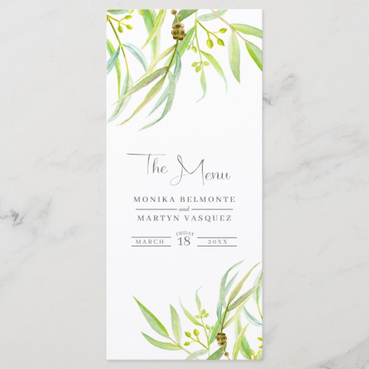 Eucalyptus verlaat waterverf trouwmenu menu (Voorkant)