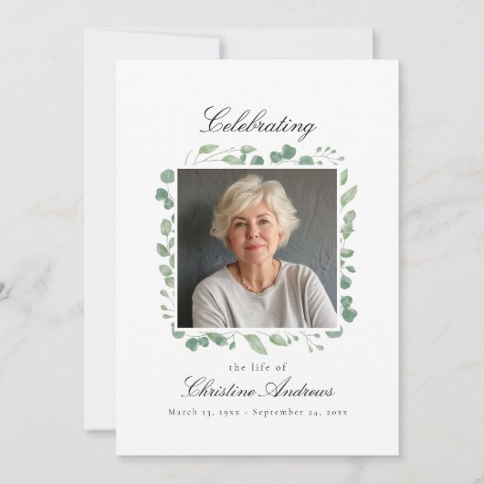 Eucalyptus viering van het leven begrafenis wit kaart (Voorkant)