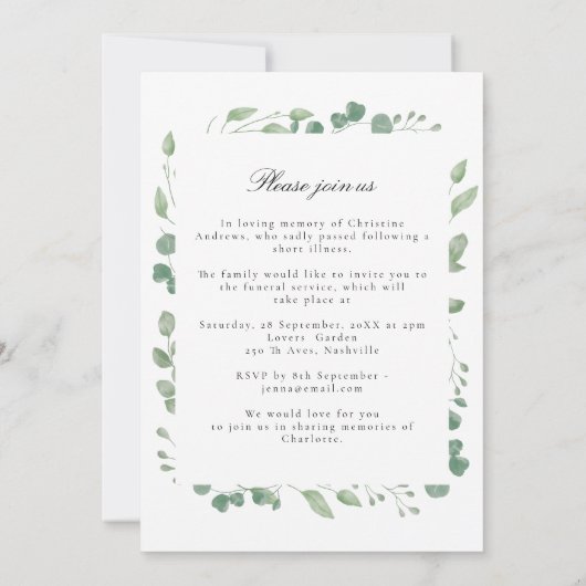 Eucalyptus viering van het leven begrafenis wit kaart (Achterkant)