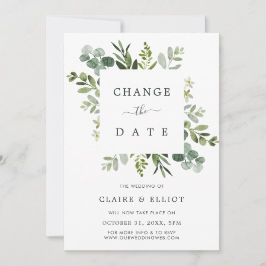 Eucalyptus Vierkante Krans Wijzig de Datum Trouwen Kaart (Voorkant)