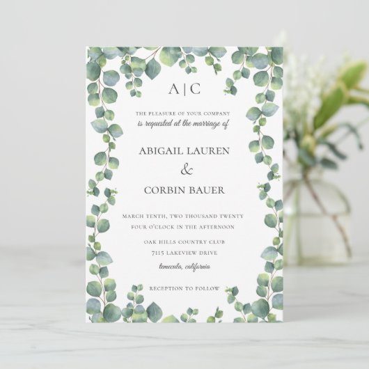 Eucalyptus Vine Lijst huwelijksuitnodiging Kaart (Staand voorkant)