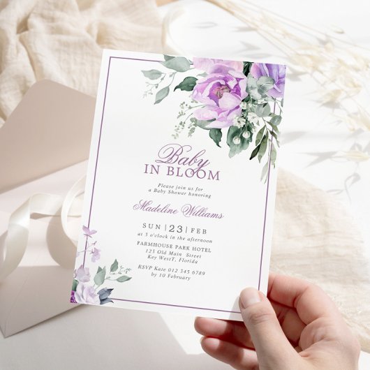 Eucalyptus Violet Flowers Baby in Bloom Shower Kaart