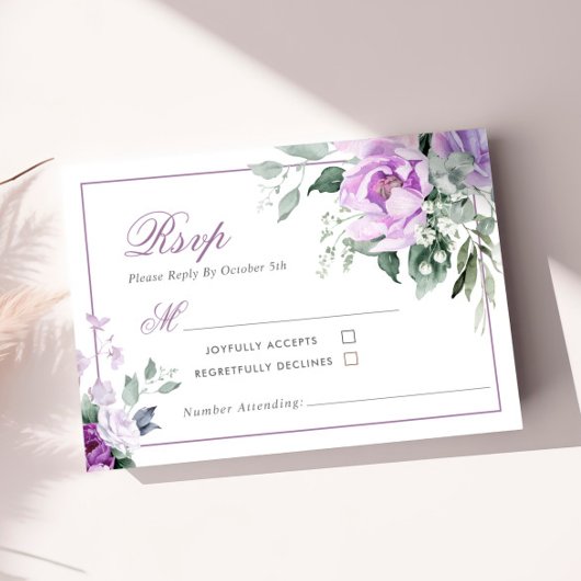 Eucalyptus Violet Flowers Wedding RSVP Kaart