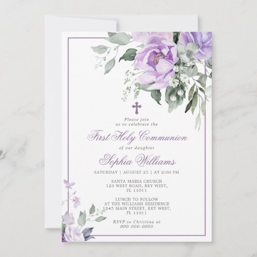 Eucalyptus viooltje eerste heilige communie uitnod kaart (Voorkant)