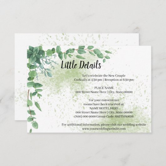 Eucalyptus Vrijgezellenfeest bruiloft - Details be Informatiekaartje (Voorkant / Achterkant)